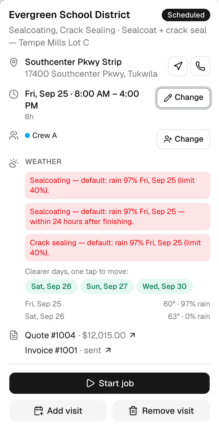 A job's quick view on the MakeHay calendar: Crew A assigned with a Change button beside it, under the visit time and the site's Directions and Call buttons.