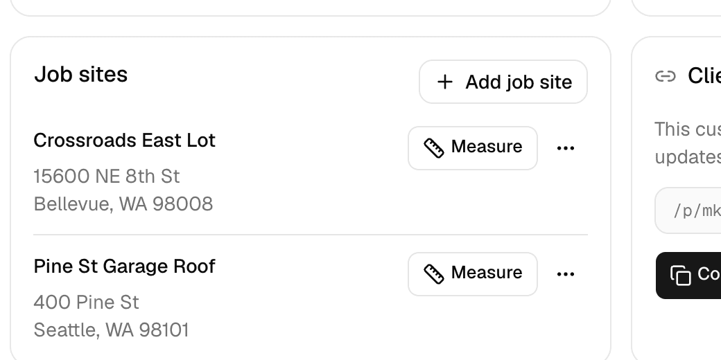 The Job sites card on a MakeHay customer page: Crossroads East Lot in Bellevue and Pine St Garage Roof in Seattle, each with its own Measure button.