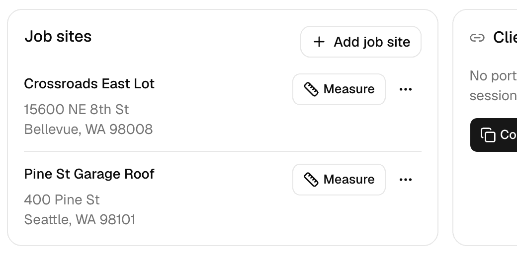 The Job sites card on a MakeHay customer page: two sites, each with its own Measure button.