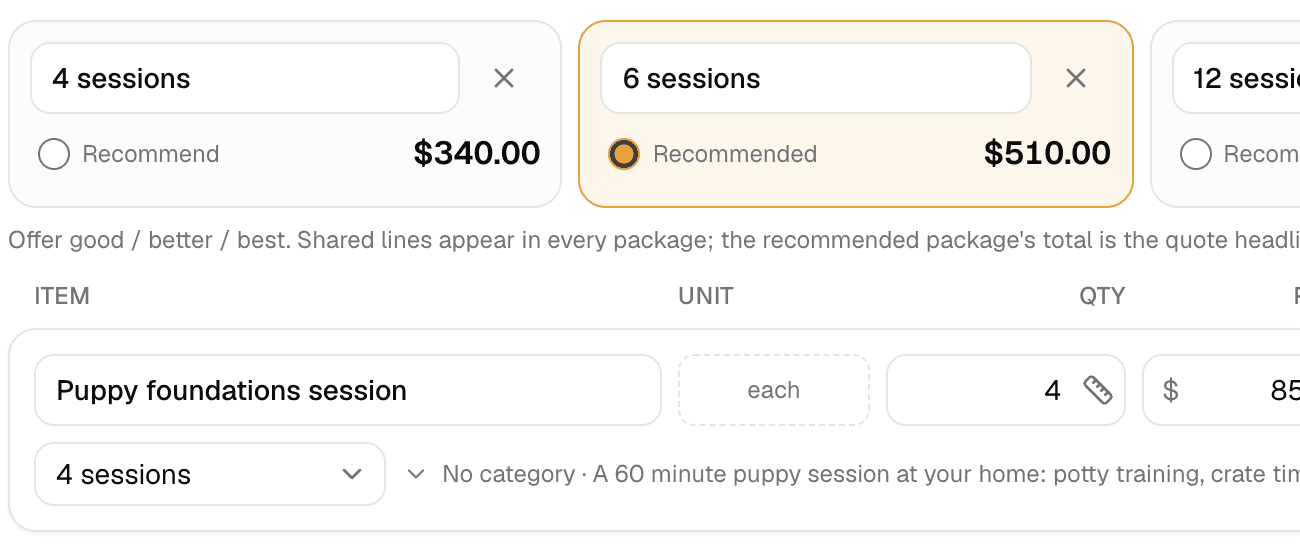 A MakeHay quote for a puppy program with three packages, 4, 6 and 12 sessions, and the 6 sessions package marked recommended.