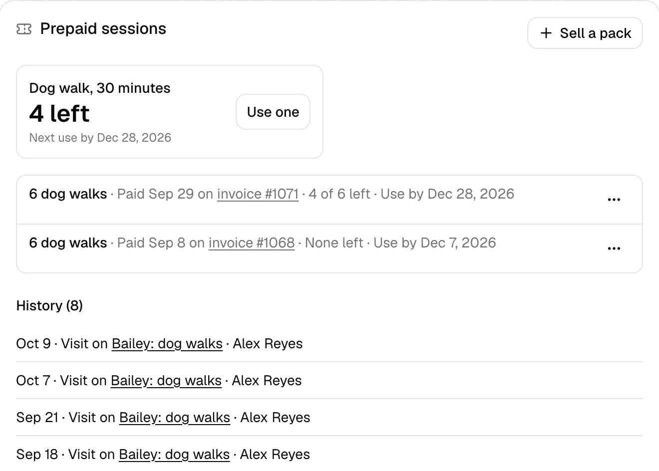 The Prepaid sessions card on a dog owner's page in MakeHay: 4 dog walks left with a Use one button, two paid 6 dog walks packs, and the walks already used under History.