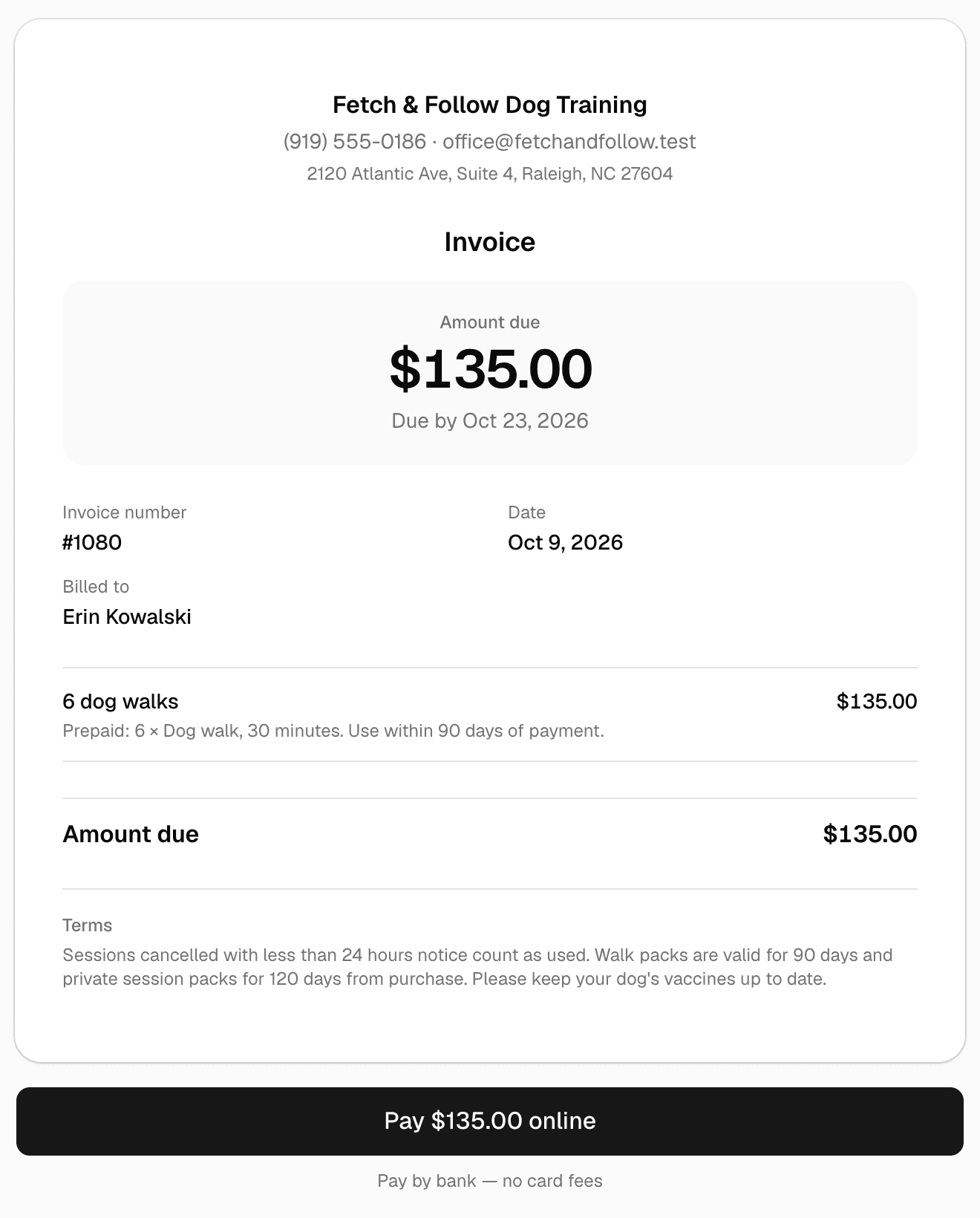 An invoice for 6 dog walks as the owner sees it, with the amount due and a Pay online button.