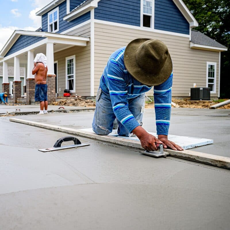 A concrete finisher works a bull float across the wet surface of a new driveway slab