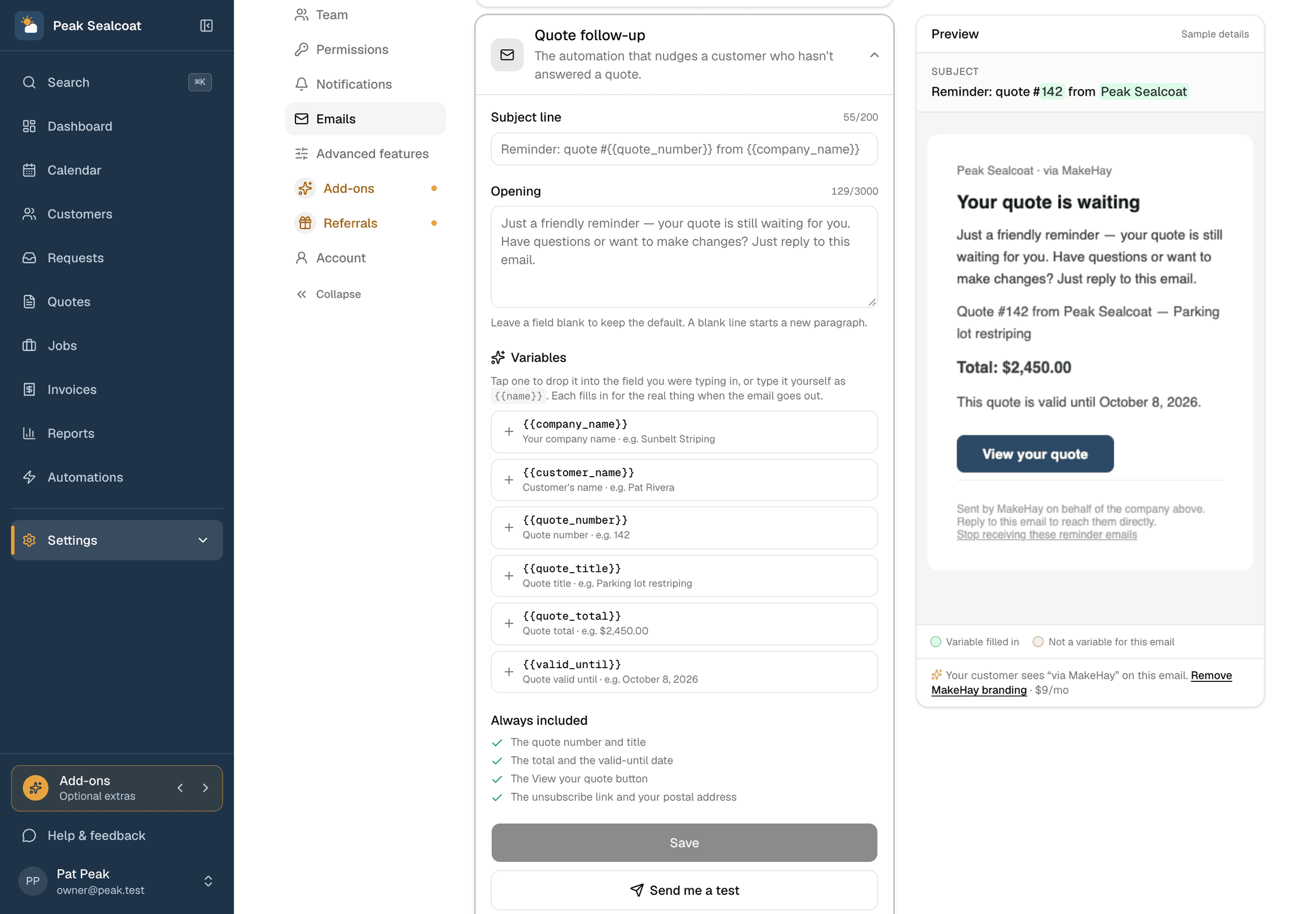 Settings › Emails in MakeHay: the quote follow-up open in the editor with its subject line, opening and variable key, and the live preview beside it with the variables highlighted.