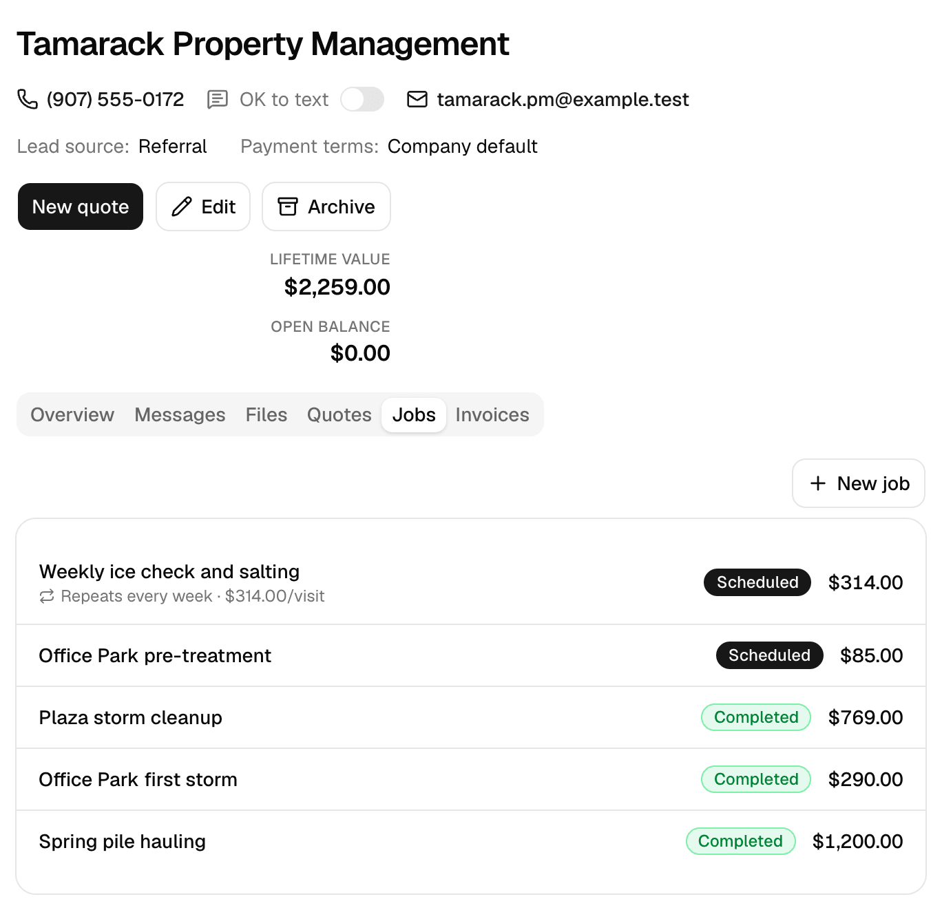 A property management customer in MakeHay with the Jobs tab open: lifetime value, a weekly ice check and salting job that repeats every week, a scheduled pre-treatment, and three completed snow removal jobs with their amounts.