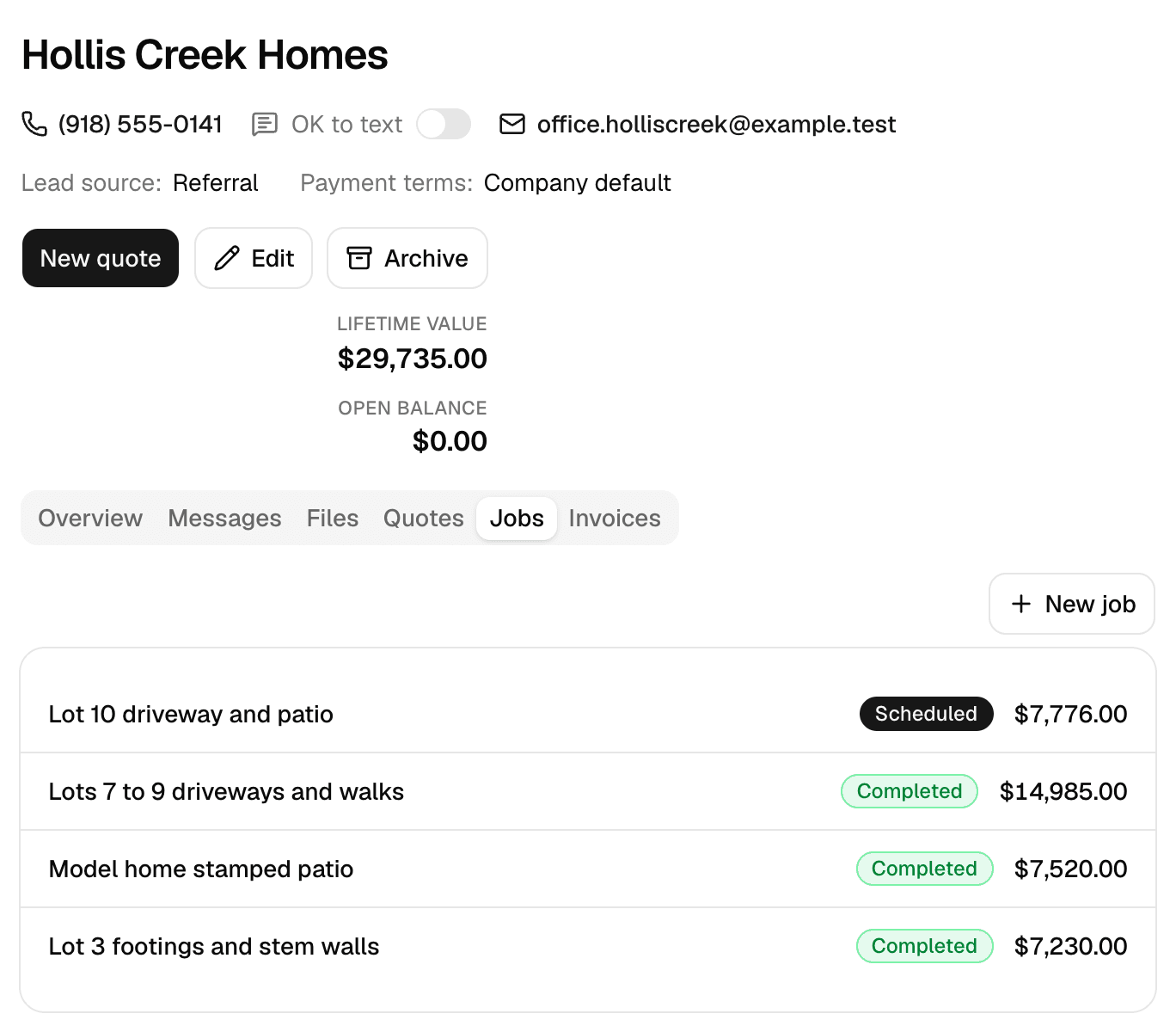 A home builder customer in MakeHay with the Jobs tab open: lifetime value, a scheduled driveway and patio pour, and three completed concrete jobs with their amounts: driveways and walks on three lots, a stamped patio and footings with stem walls.
