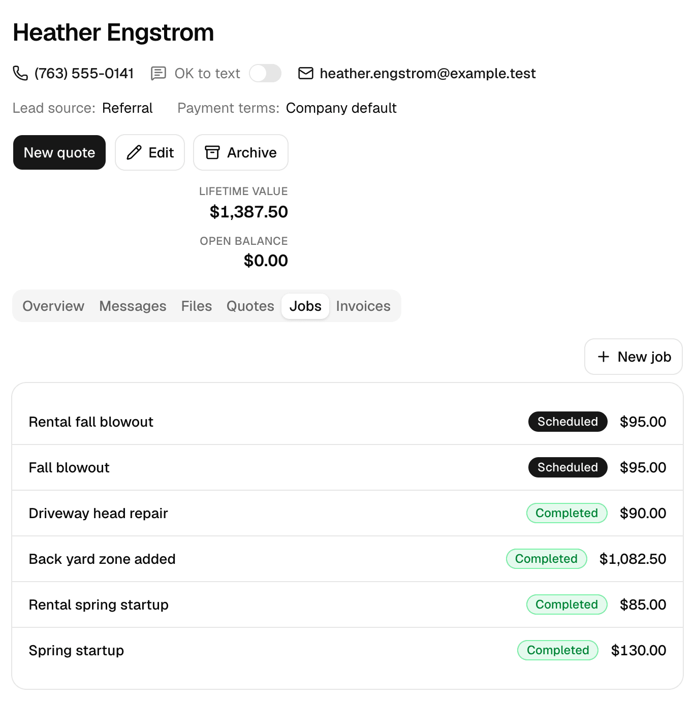 A customer record in MakeHay showing the Jobs tab with scheduled and completed jobs and their prices