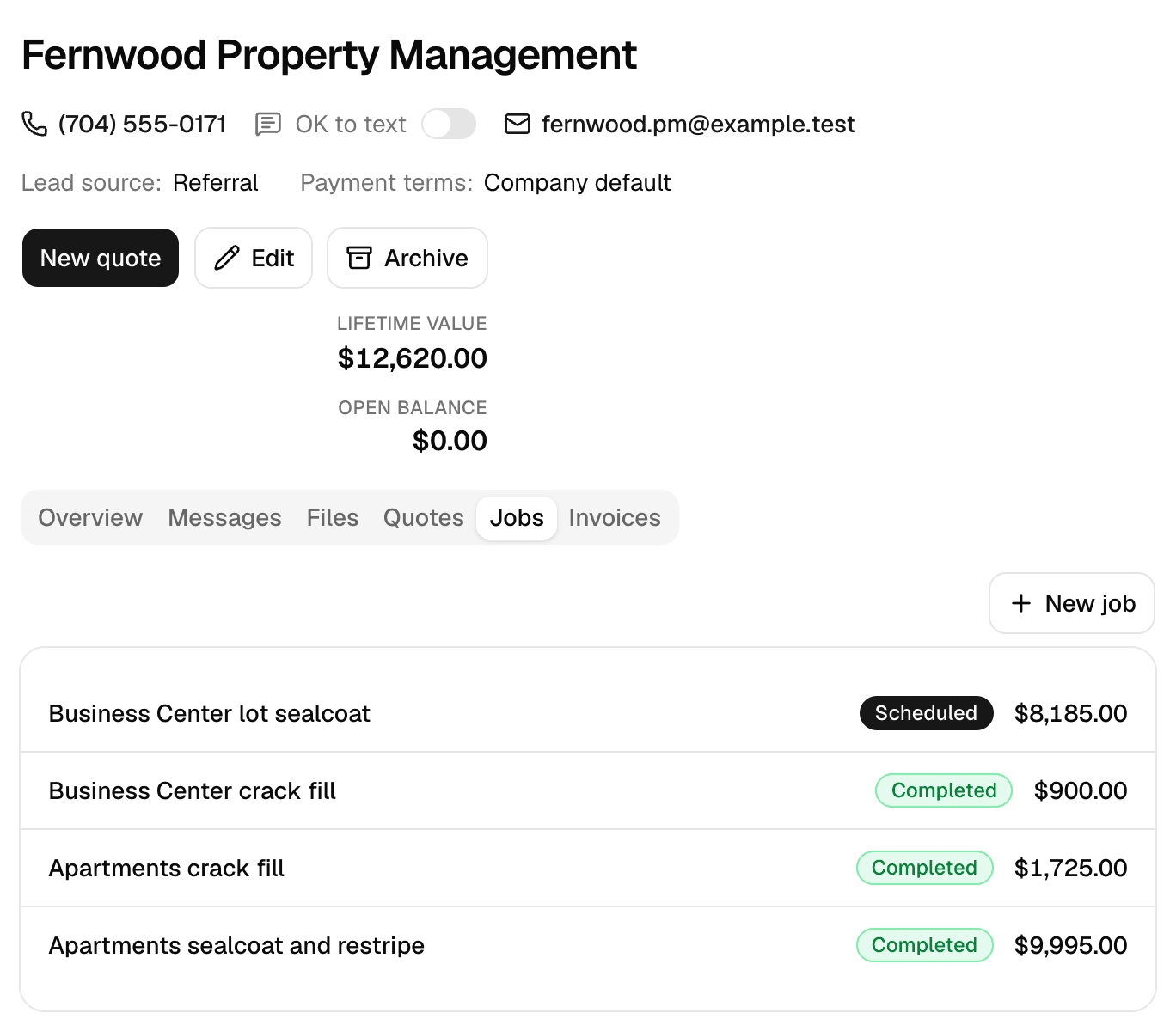 A property management customer in MakeHay with the Jobs tab open: lifetime value, a scheduled lot sealcoat, and three completed crack fill and sealcoat jobs with their amounts.