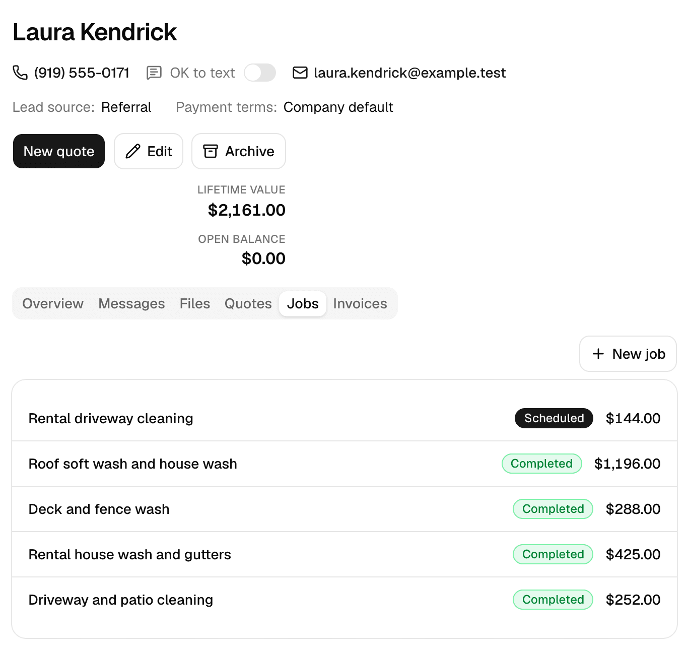 A homeowner in MakeHay with the Jobs tab open: lifetime value, a scheduled rental driveway cleaning, and four completed washing jobs with their amounts.