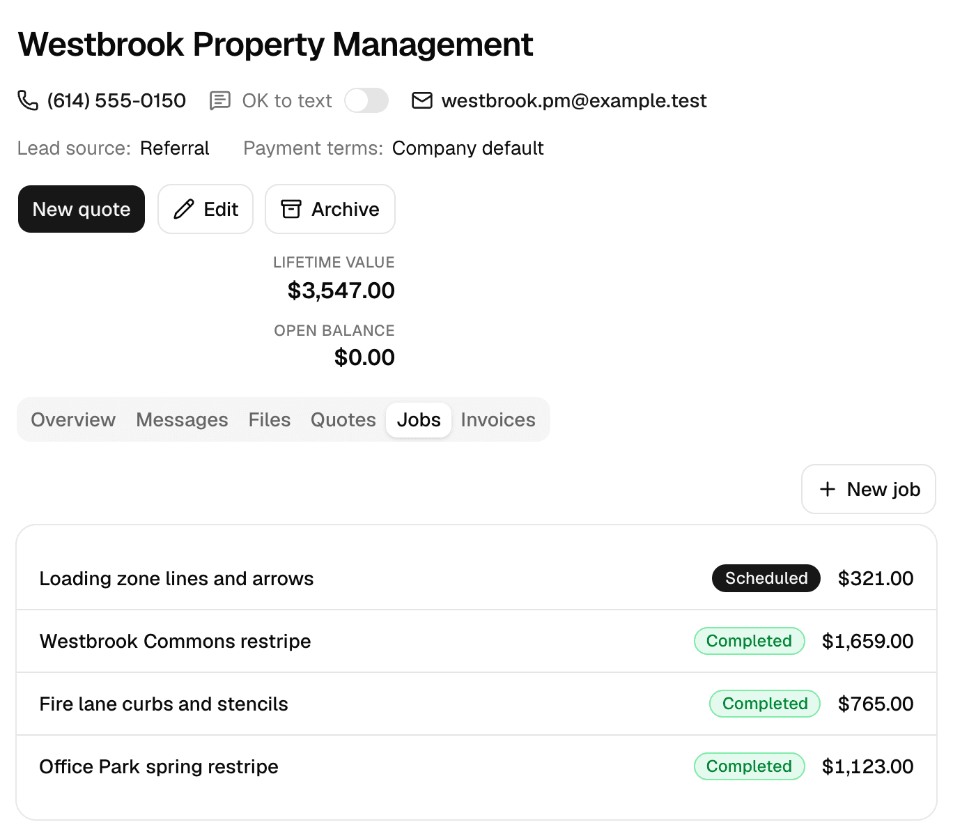 A property management customer in MakeHay with the Jobs tab open: lifetime value, a scheduled loading zone striping job, and three completed striping jobs with their amounts.