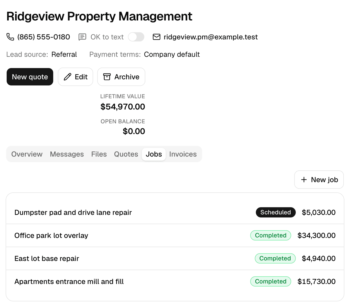 A property management customer in MakeHay with the Jobs tab open: lifetime value, a scheduled dumpster pad and drive lane repair, and three completed paving jobs with their amounts: a lot overlay, a base repair and a mill and fill.