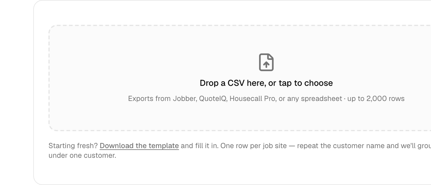 The MakeHay import page: drop a CSV here, or tap to choose. Exports from Jobber, QuoteIQ, Housecall Pro, or any spreadsheet, up to 2,000 rows.