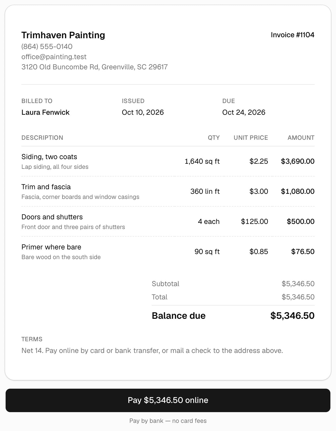 An exterior painting invoice as the customer sees it: 1,640 sq ft of siding at two coats, 360 linear feet of trim and fascia, a front door and three pairs of shutters, and 90 sq ft of primer where bare, the balance due, and a Pay online button.