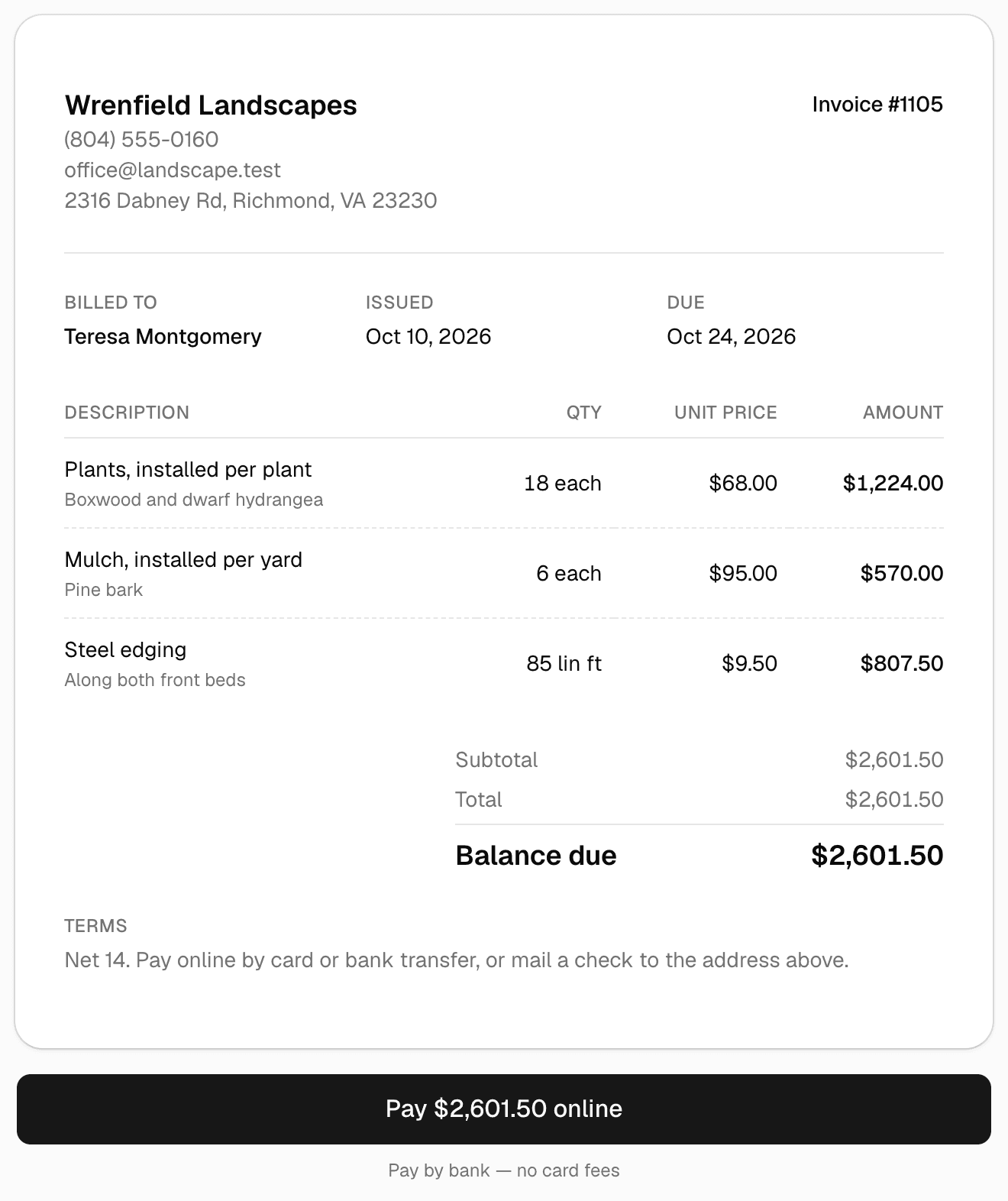 A landscaping invoice as the customer sees it: 18 plants installed, 6 yards of pine bark mulch and 85 linear feet of steel edging, the balance due, and a Pay online button.