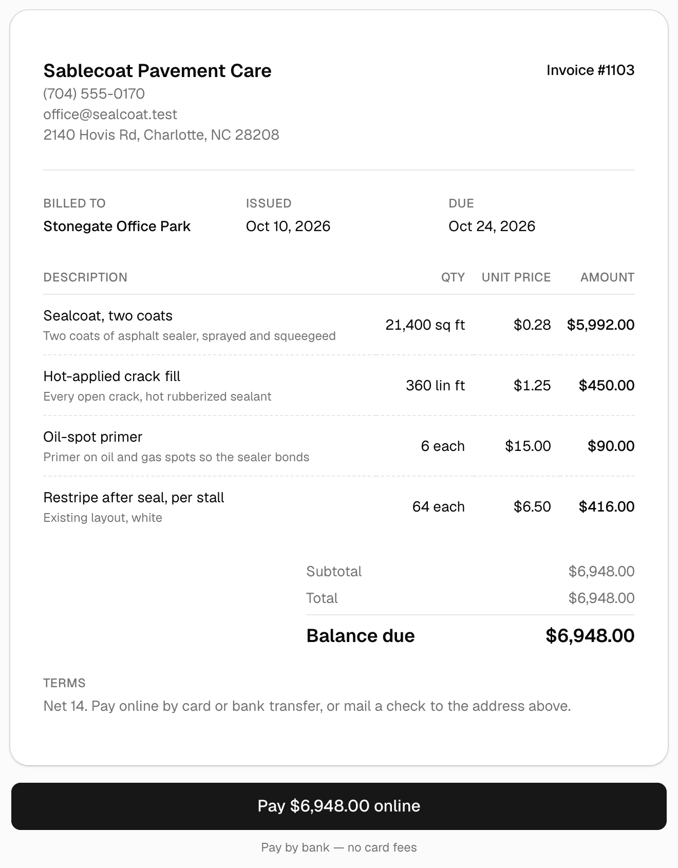 A sealcoating invoice as the customer sees it: 21,400 square feet of two-coat sealcoat, 360 linear feet of hot-applied crack fill, 6 oil-spot primers and 64 stalls restriped after the seal, the balance due, and a Pay online button.