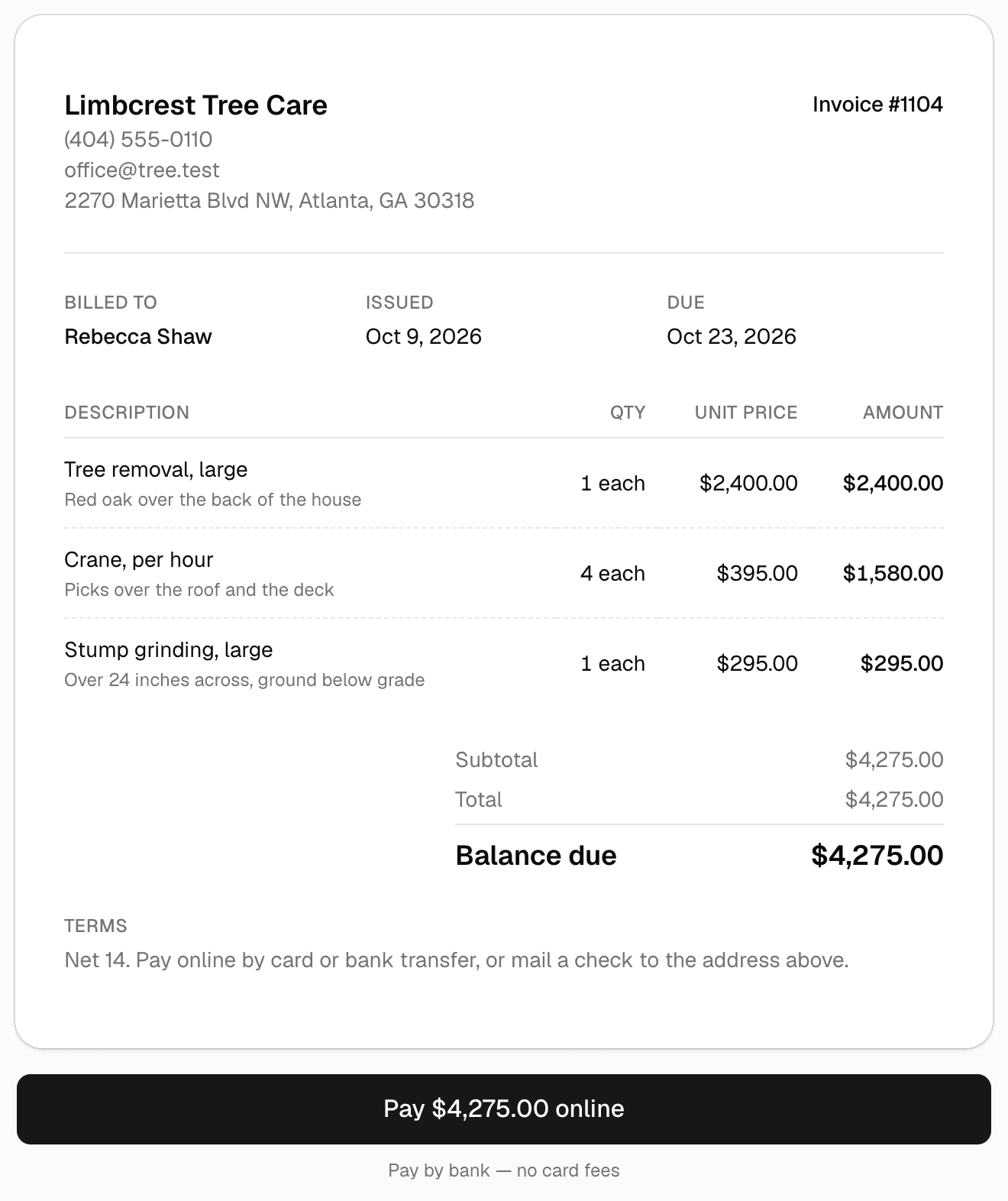 A tree service invoice as the customer sees it: a large tree removal, 4 hours of crane time and a large stump ground below grade, the $4,275 balance due, and a Pay online button.