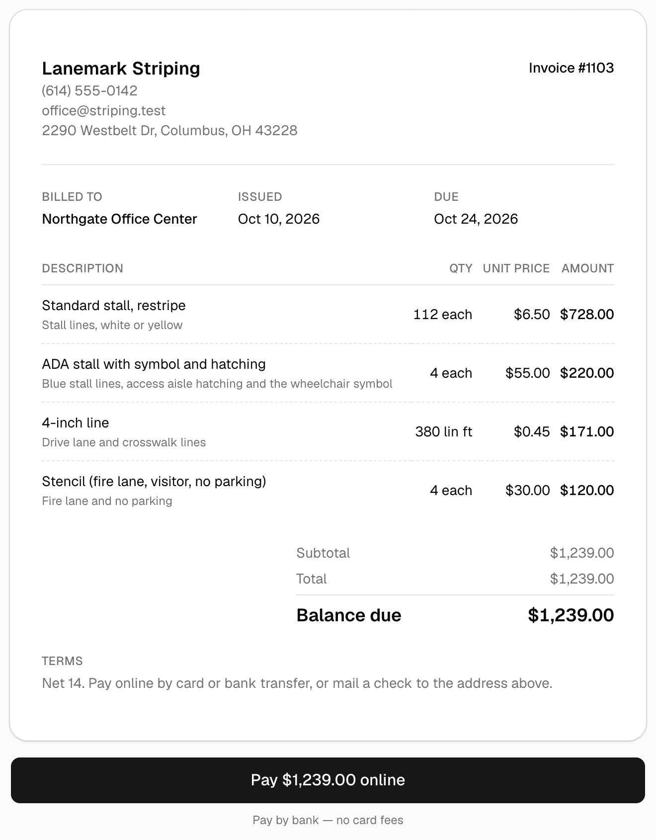 A parking lot striping invoice as the customer sees it: 112 standard stalls, 4 ADA stalls, 380 linear feet of 4-inch line and 4 stencils, the balance due, and a Pay online button.
