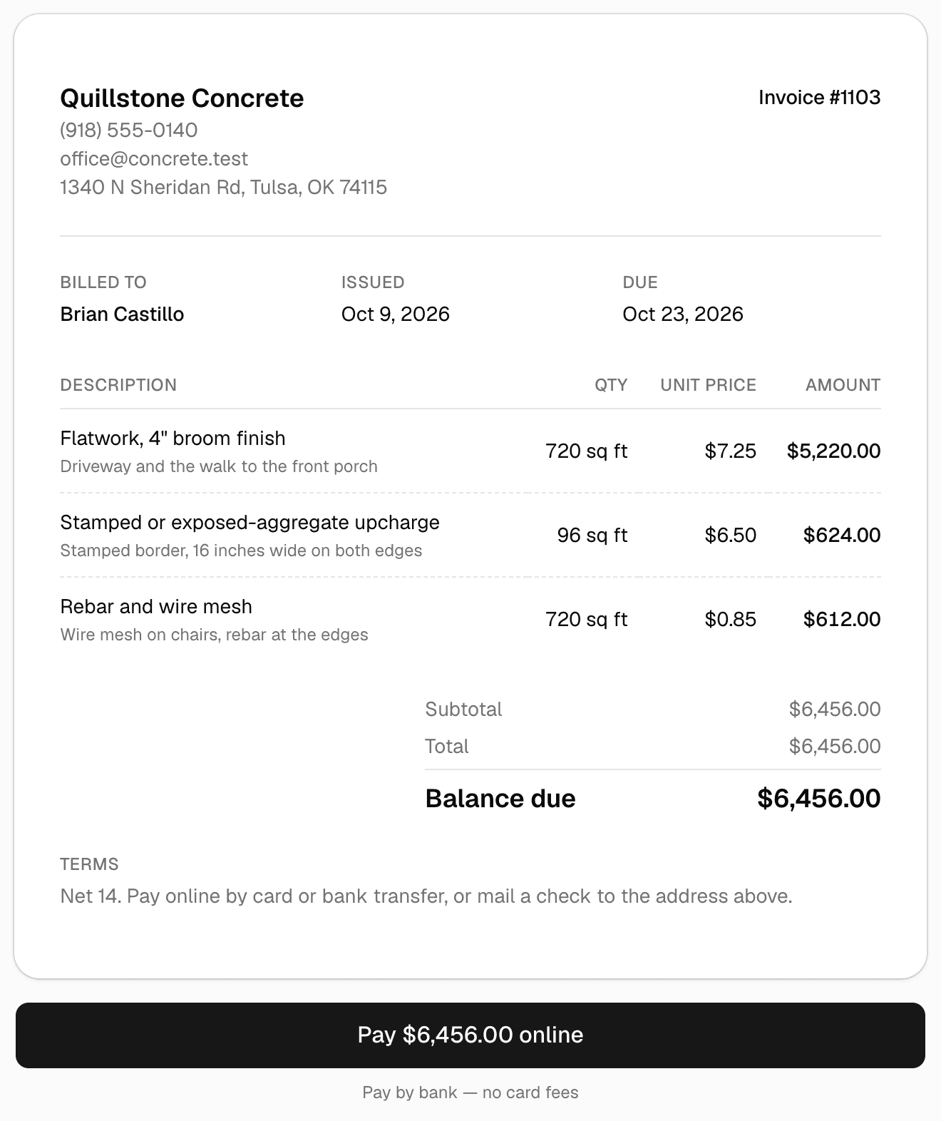 A concrete invoice as the customer sees it: 720 square feet of 4-inch broom-finish flatwork, a 96-square-foot stamped border and 720 square feet of rebar and wire mesh, the balance due, and a Pay online button.