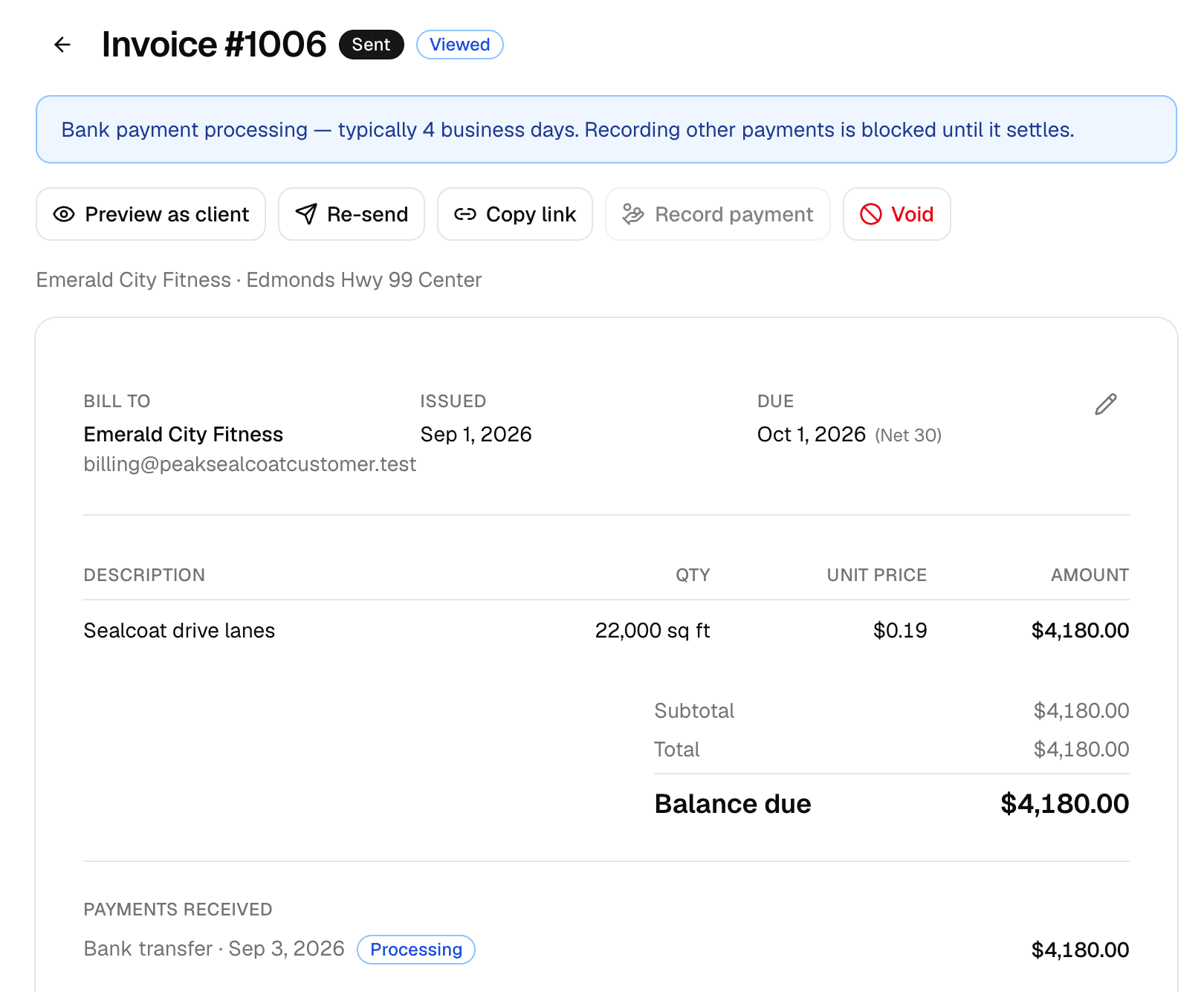 Invoice #1006 inside MakeHay, marked Sent and Viewed, with a bank transfer processing, the sealcoat line from the job, and the $4,180.00 balance due.