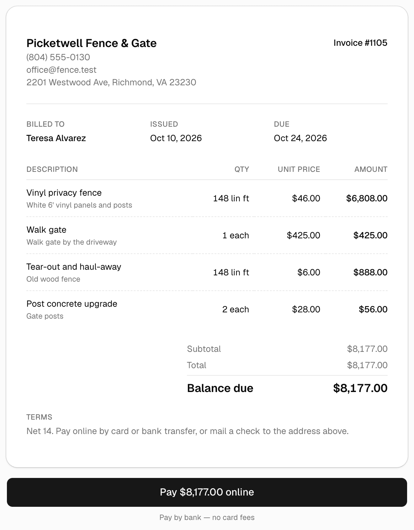 A fencing invoice as the customer sees it: 148 linear feet of vinyl privacy fence, a walk gate, tear-out and haul-away of the old fence, and two post concrete upgrades, the balance due, and a Pay online button.