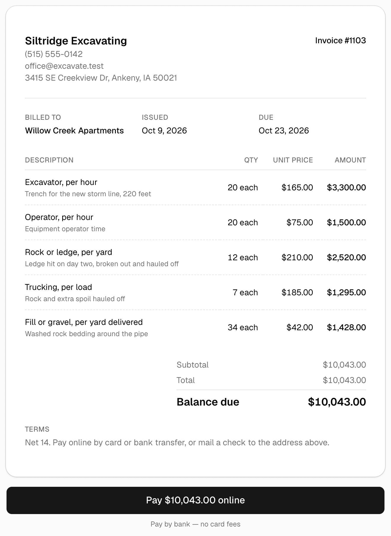 An excavation invoice as the customer sees it: 20 hours of excavator and operator time for a storm line trench, 12 yards of ledge broken out and hauled off, 7 truck loads and 34 yards of washed rock bedding, the balance due, and a Pay online button.
