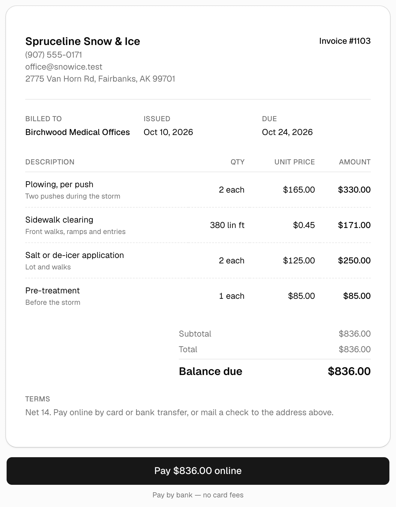 A snow removal invoice as the customer sees it: 2 plowing pushes, 380 linear feet of sidewalk clearing, 2 salt applications and a pre-treatment, the balance due, and a Pay online button.