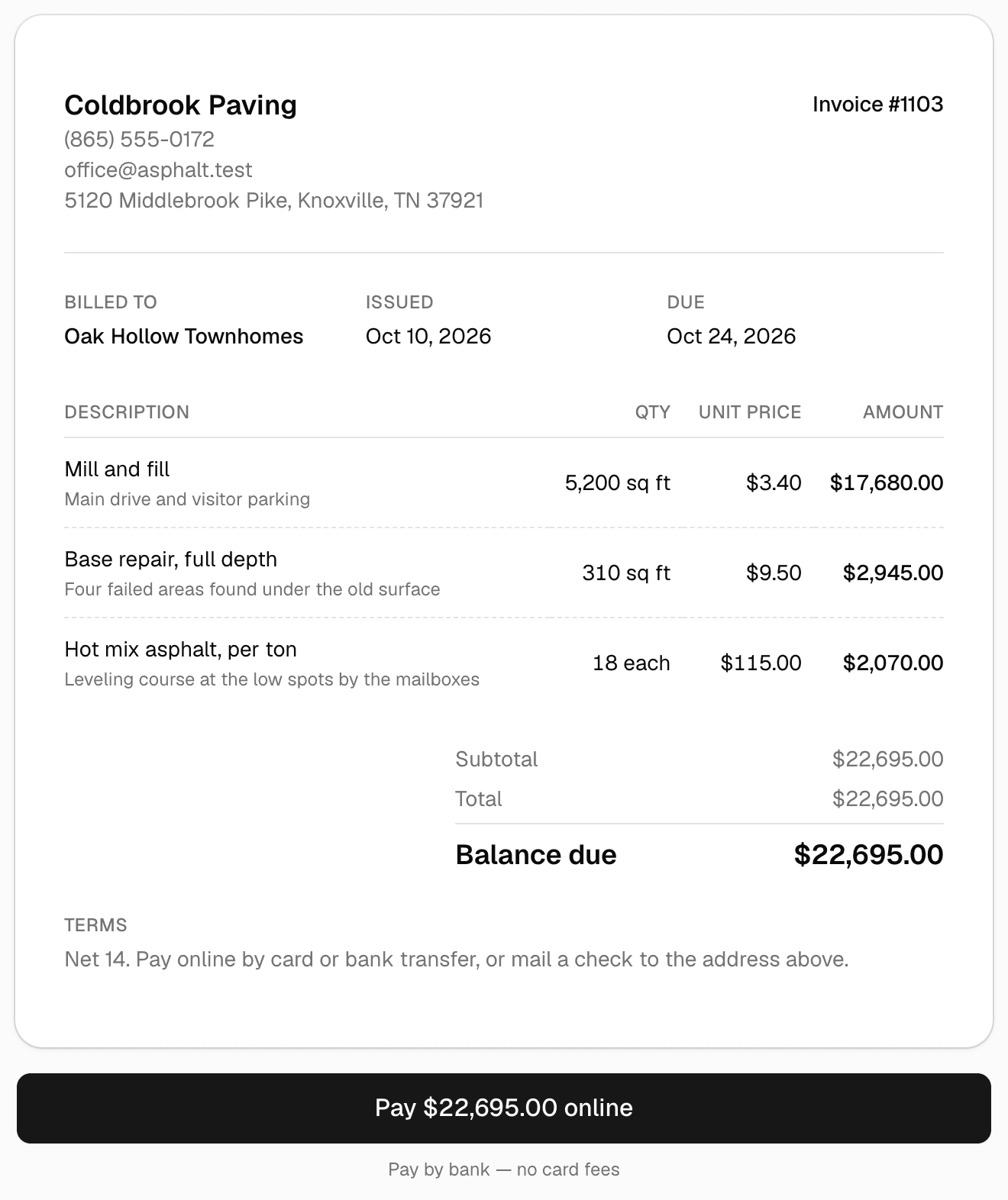An asphalt paving invoice as the customer sees it: 5,200 square feet of mill and fill, 310 square feet of full-depth base repair and 18 tons of hot mix asphalt, the balance due, and a Pay online button.