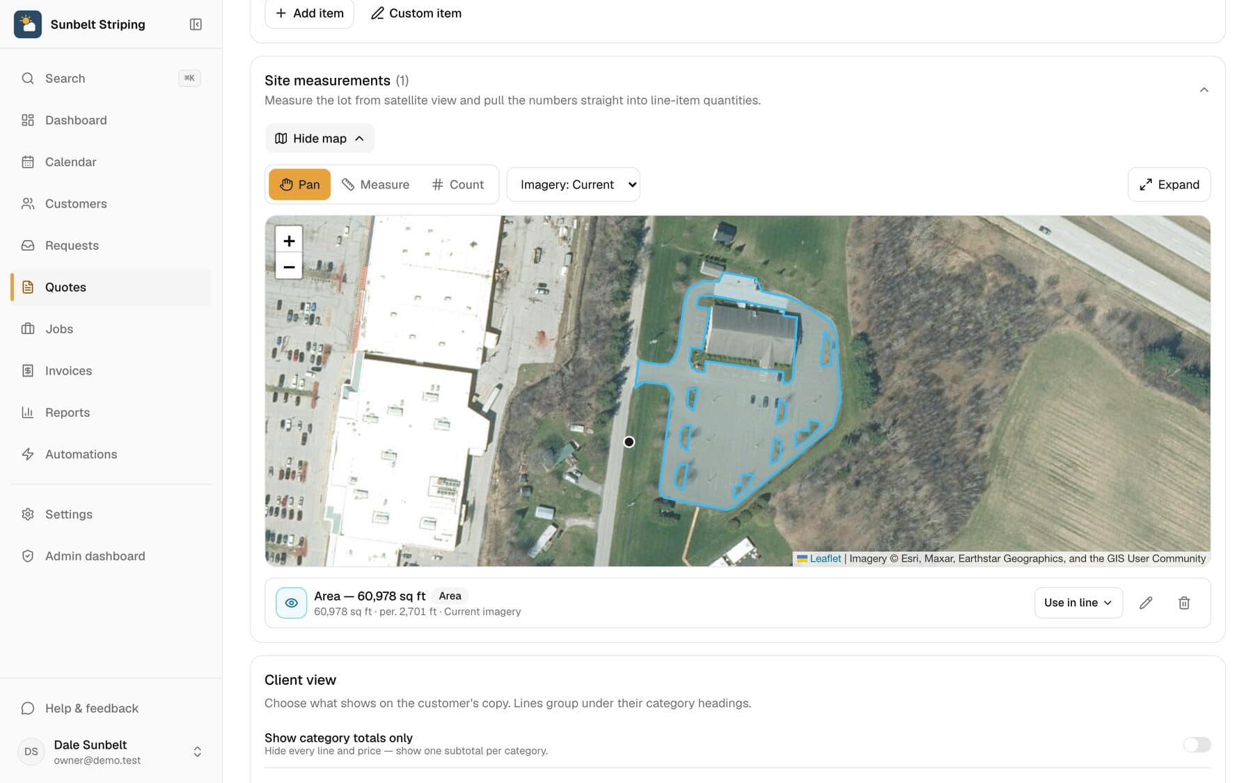 A parking lot traced for area in the MakeHay satellite measurement tool