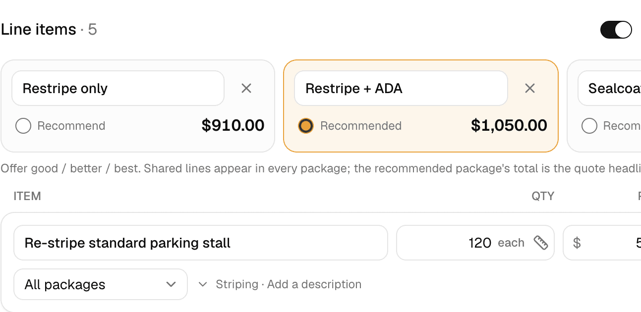 Three package cards on one MakeHay quote, with the recommended one highlighted, and the first line item priced below.