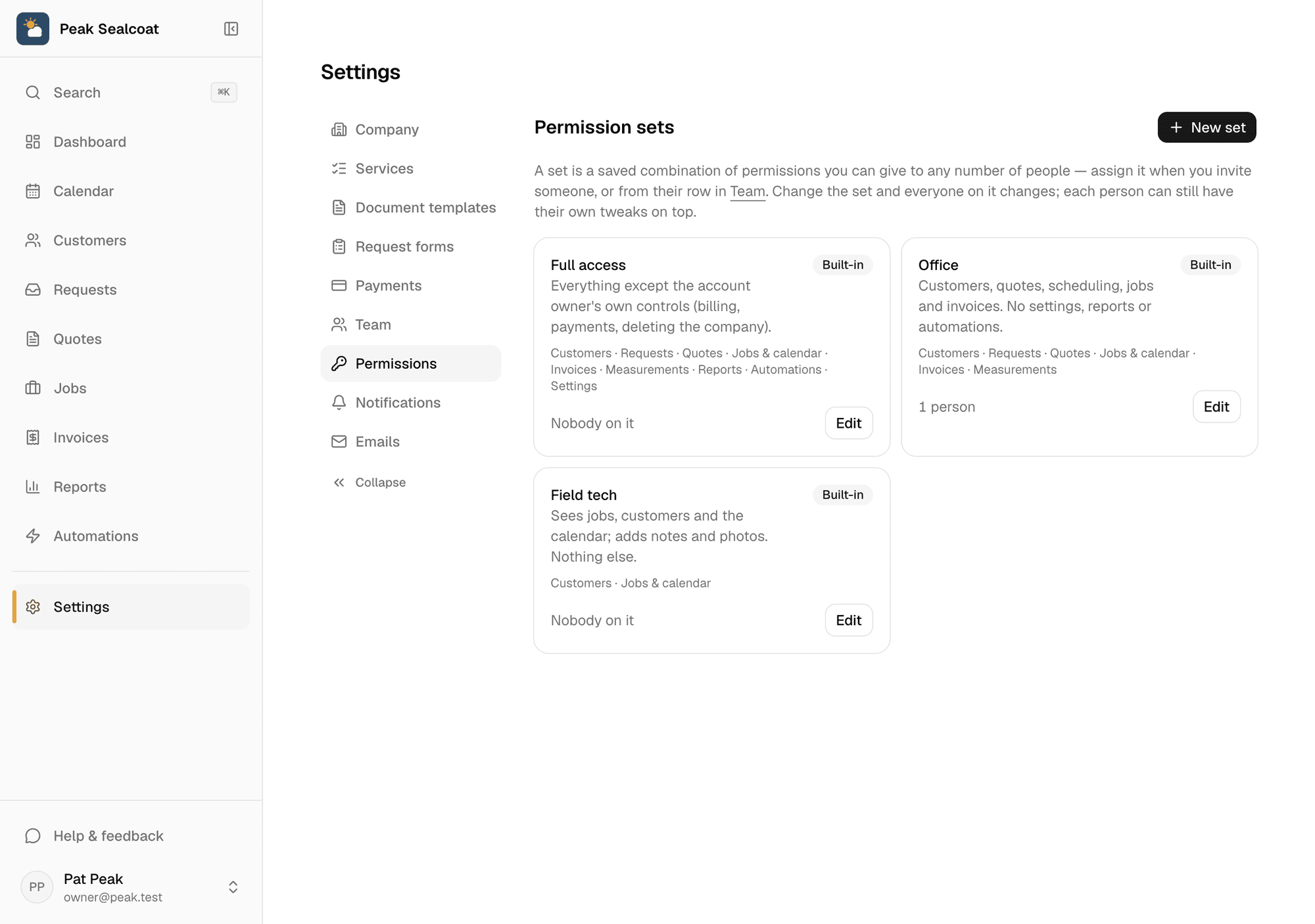 Settings › Permissions in MakeHay: the built-in and custom permission sets, each with its switches per area.