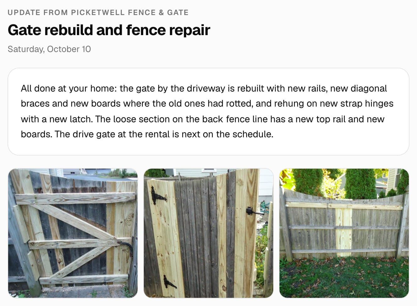A job update in the customer's MakeHay portal: the note on a finished gate rebuild and fence repair, and photos of the rebuilt wood gate from both sides and a repaired section of wood privacy fence.