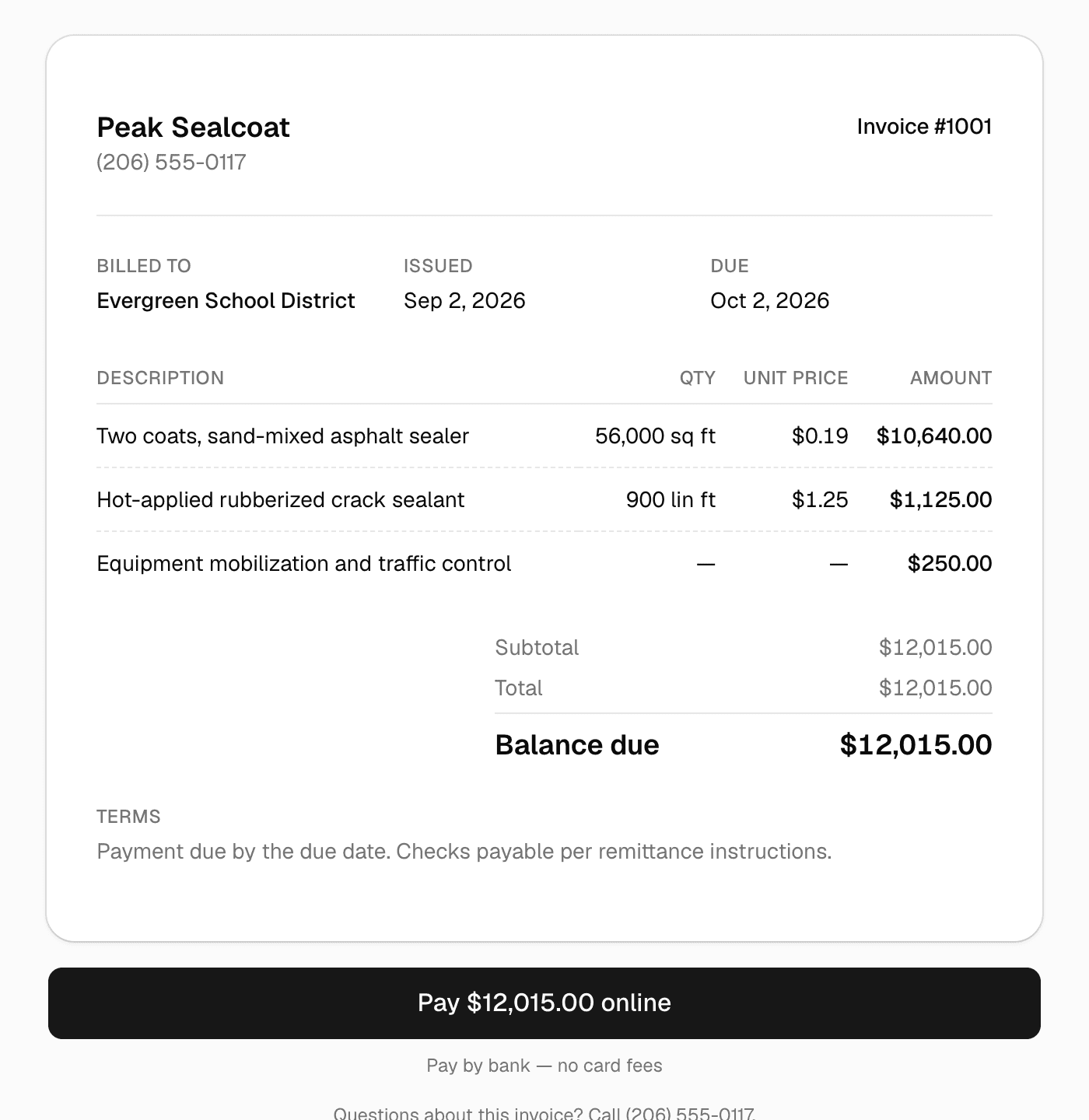 An invoice as the customer sees it: the lines, the balance due, and a Pay online button with the bank-transfer option under it.