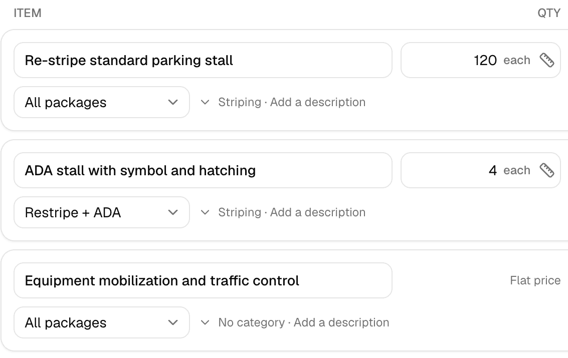 Line items in the MakeHay quote builder, each with a quantity field and a ruler button that pulls in a saved site measurement.
