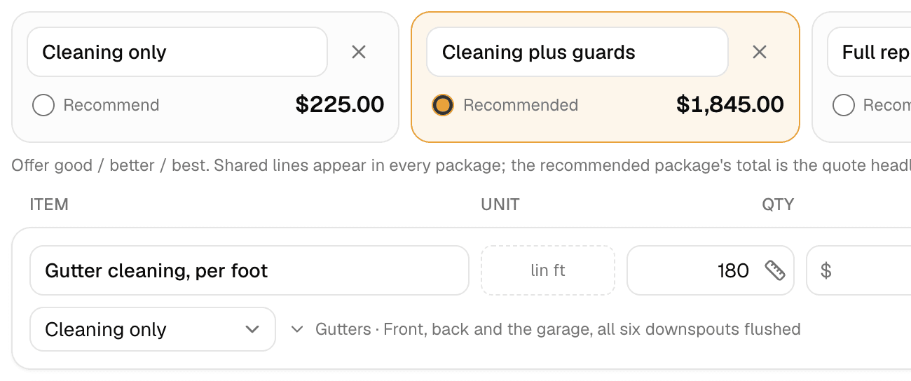A gutter cleaning quote in MakeHay, started from a website request