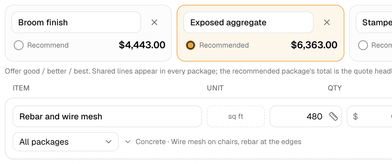 A concrete quote in MakeHay with its finishes side by side as packages, a broom finish at $4,443 and exposed aggregate at $6,363 marked recommended, above the first line: 480 square feet of rebar and wire mesh, shared by all packages.