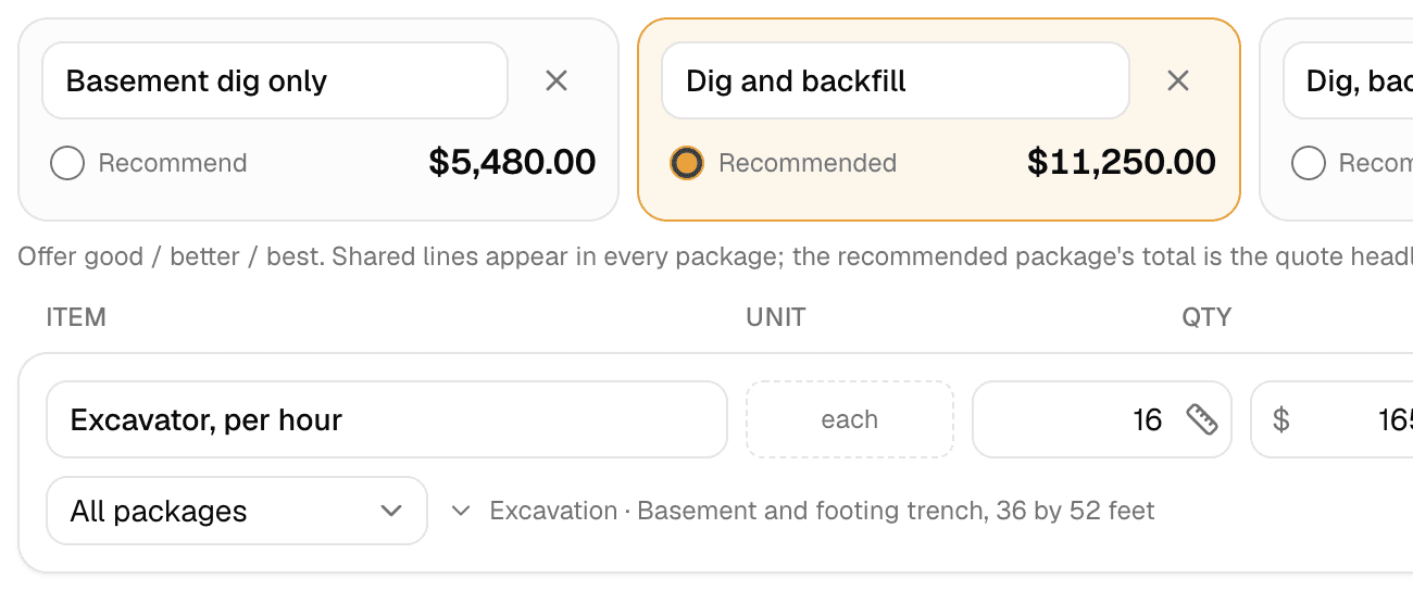 A MakeHay quote for a basement excavation with its packages side by side, Basement dig only at $5,480 and Dig and backfill at $11,250 marked recommended, above the first line: 16 hours of excavator time for the basement and footing trench, shared by all packages.