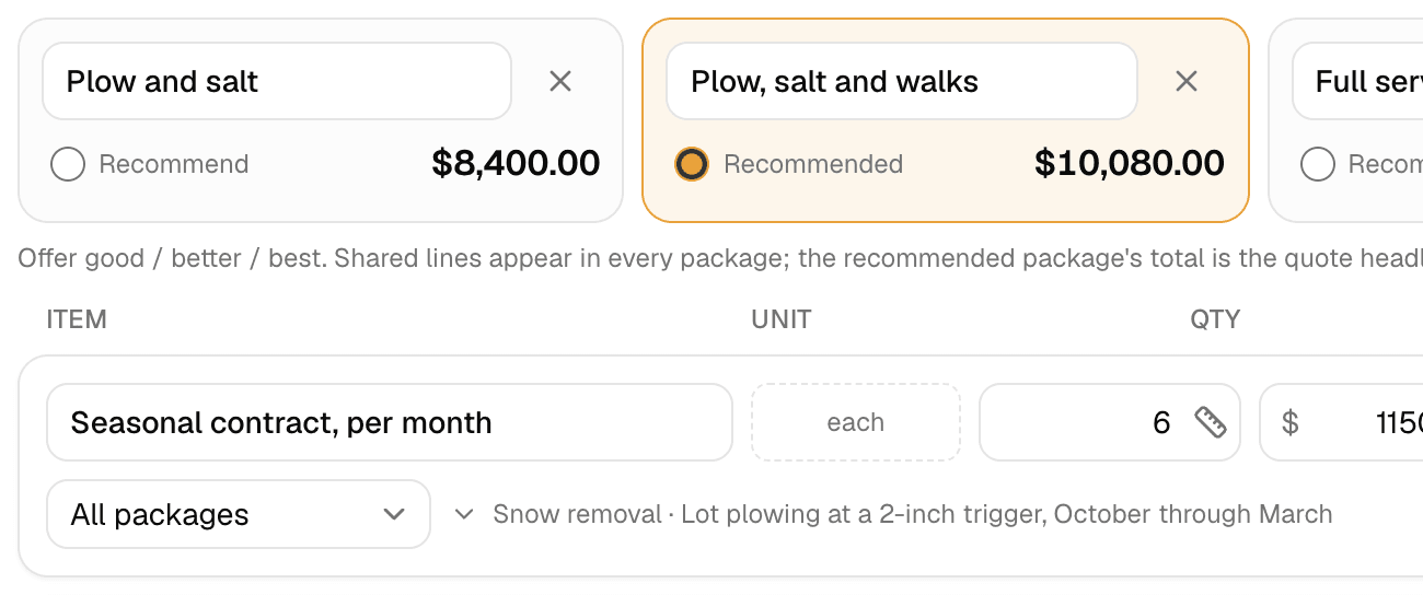 Snow removal quote packages, Plow and salt and Plow, salt and walks, in MakeHay