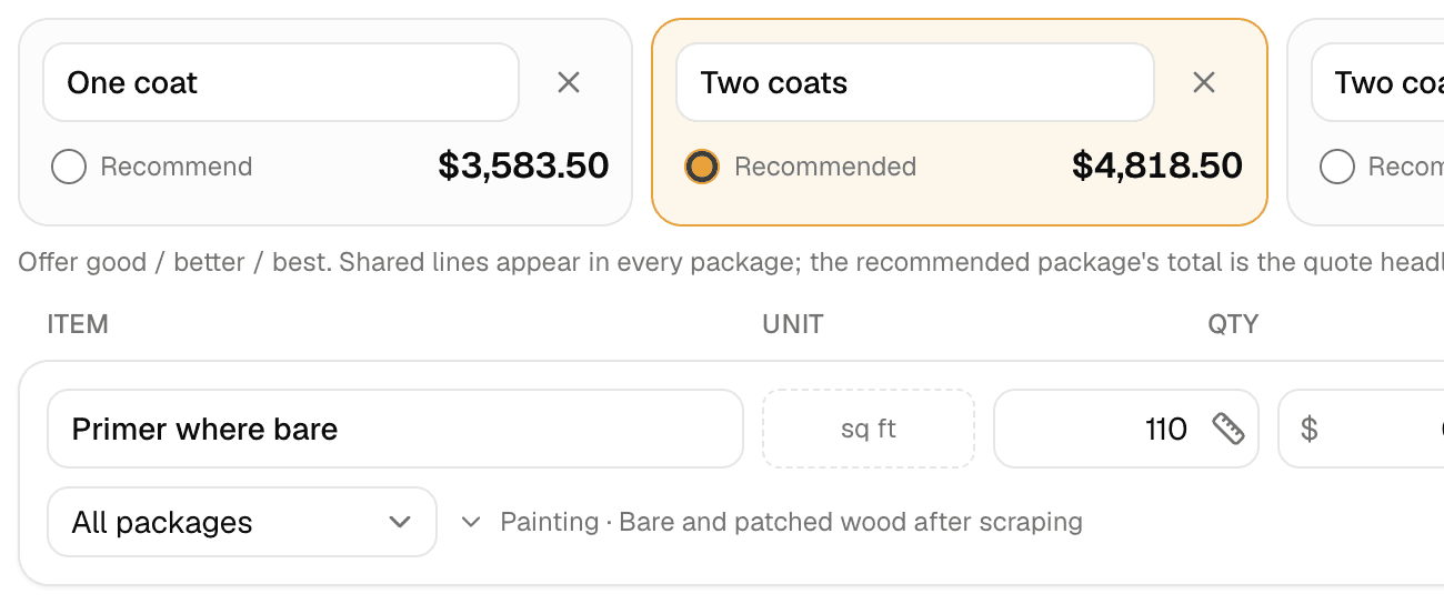 A MakeHay painting quote with its packages side by side, One coat at $3,583.50 and Two coats at $4,818.50 marked recommended, above the first line: 110 sq ft of primer on bare and patched wood, in all packages.