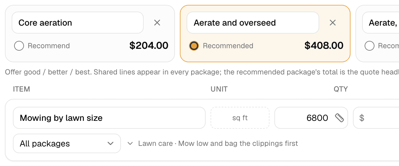 A lawn care quote in MakeHay, the job a review request follows