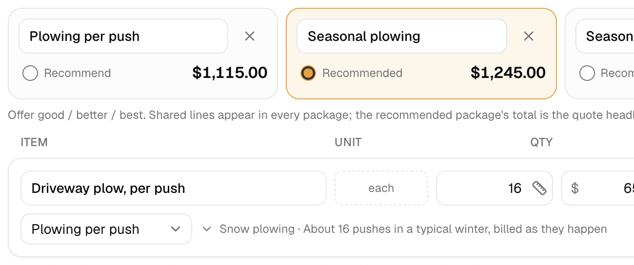 A MakeHay quote with a driveway plow per push line and per push and seasonal packages