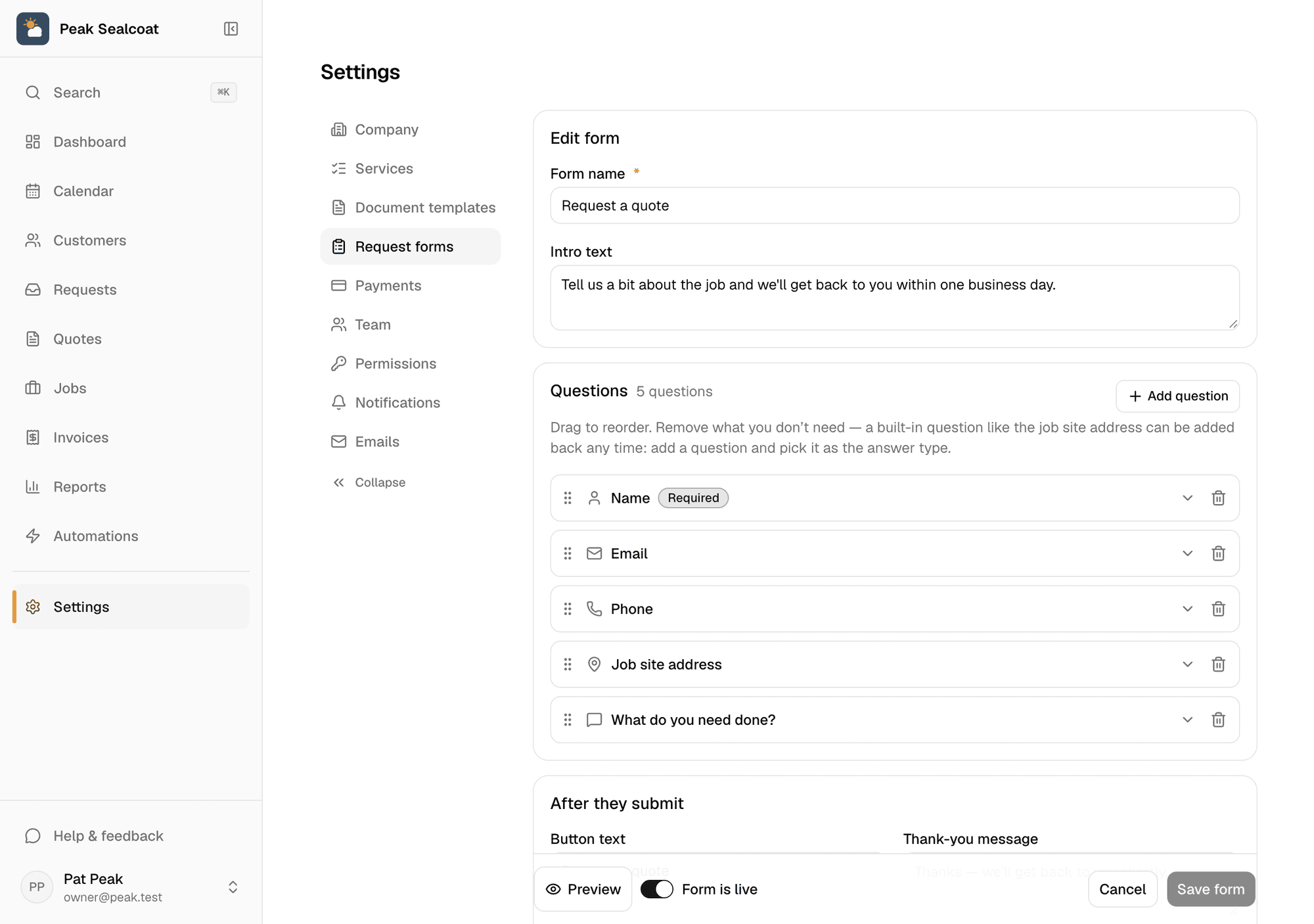 The request form editor under Settings in MakeHay: form name, intro text, and the questions list with Name marked required, each with a menu and a remove button.