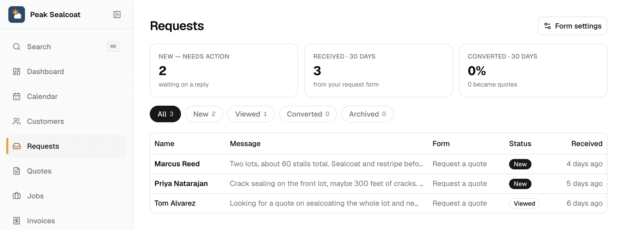 The Requests inbox in MakeHay: new requests with the contact name, the form they came from, and when they arrived.