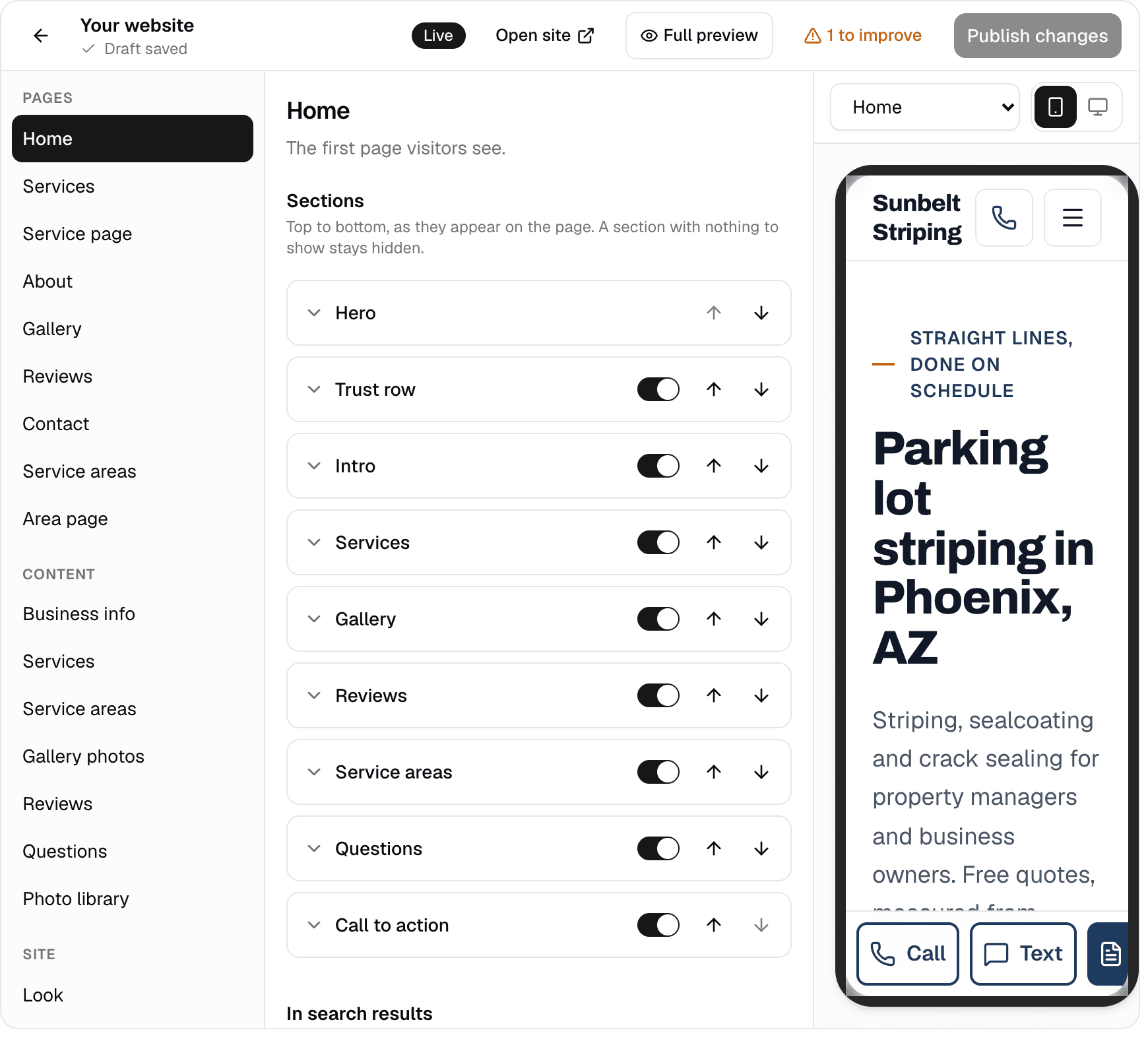 The website editor under Settings in MakeHay: the pages and sections of the site on the left, the home page's sections in the middle with switches to show or hide each one, and a live phone preview on the right.