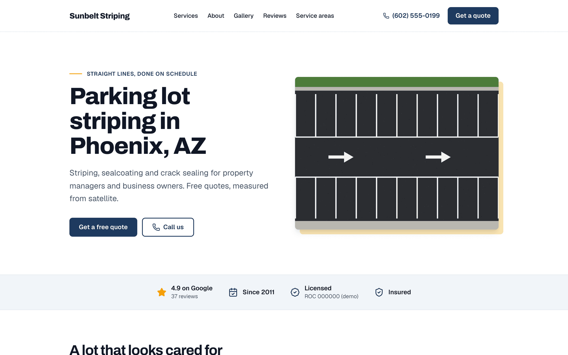 A finished MakeHay website for a parking lot striping company: the headline, the services, a call button and a Get a quote button, and a row of trust facts under the hero.